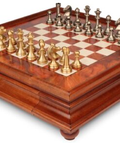 Jeu d'Échecs Grand Staunton - Échiquier en bois de Bruyère et Bois d'Orme avec tiroir & Pièces en laiton massif