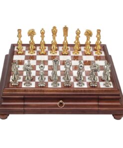 Jeu d'Échecs Arabesque - Échiquier en bois et Albâtre de Toscane avec tiroir & Pièces en métal plaqué or