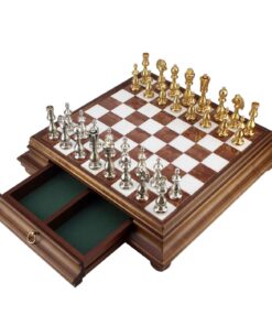Jeu d'Échecs Arabesque - Échiquier en bois et Albâtre de Toscane avec tiroir & Pièces en métal plaqué or