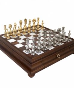 Jeu d'Échecs Arabesque - Échiquier en bois et Albâtre de Toscane avec tiroir & Pièces en métal plaqué or