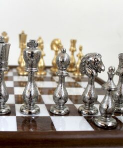 Jeu d'Échecs Arabesque - Échiquier en bois et Albâtre de Toscane avec tiroir & Pièces en métal plaqué or