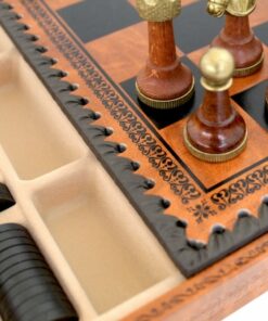 Jeu d'Échecs Classique - Échiquier - Backgammon et Jeu de dames en similicuir avec rangement & Pièces en bois et métal