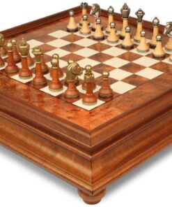Jeu d'Échecs Classique - Échiquier en bois de Bruyère et Bois d'Orme avec tiroir & Pièces en métal et bois