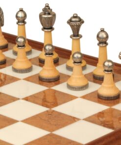 Jeu d'Échecs Classique - Échiquier en bois et Albâtre de Toscane avec tiroir & Pièces en métal et bois