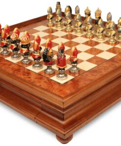 Jeu d'Échecs Moncada - Échiquier en bois de Bruyère et Bois d'Orme avec tiroir & Pièces en métal peintes à la main