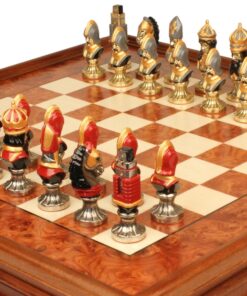 Jeu d'Échecs Moncada - Échiquier en bois de Bruyère et Bois d'Orme avec tiroir & Pièces en métal peintes à la main