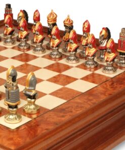 Jeu d'Échecs Moncada - Échiquier en bois de Bruyère et Bois d'Orme avec tiroir & Pièces en métal peintes à la main