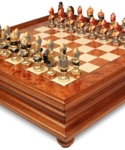 Jeu d'Échecs Moncada - Échiquier en bois de Bruyère et Bois d'Orme avec tiroir & Pièces en métal peintes à la main