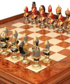 Jeu d'Échecs Moncada - Échiquier en bois de Bruyère et Bois d'Orme avec tiroir & Pièces en métal peintes à la main