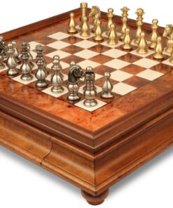 Jeu d'Échecs Garde Française - Échiquier en bois de Bruyère et Bois d'Orme avec tiroir & Pièces en laiton massif