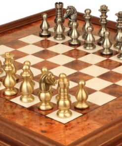 Jeu d'Échecs Garde Française - Échiquier en bois de Bruyère et Bois d'Orme avec tiroir & Pièces en laiton massif