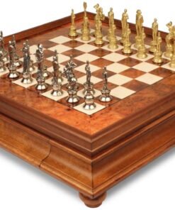 Jeu d'Échecs Napoléon - Échiquier en bois de Bruyère et Bois d'Orme avec tiroir & Pièces en métal