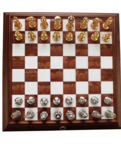Jeu d'Échecs Arabesque - Échiquier en bois et Albâtre de Toscane avec tiroir & Pièces en métal plaqué or
